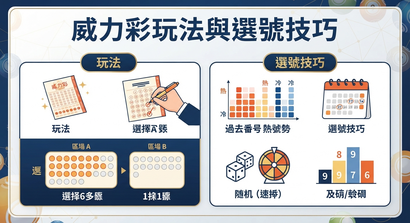 這張圖片是一幅清晰明瞭的彩券圖解指南，頂部標有標題「威力彩玩法與選號技巧」。 畫面分為「玩法」與「選號技巧」兩大區塊，透過彩券卡、號碼標註、冷熱門圖表與隨機圖示來直觀呈現投注規則與策略。