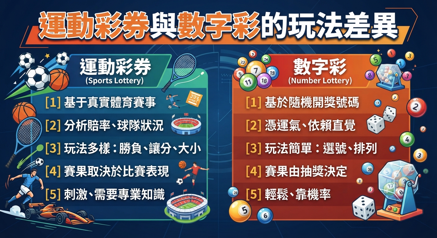 這是一張關於運動彩券與數字彩玩法差異的對比圖,左右兩側分別列出了兩者的特點與運作方式。 畫面頂部清晰標示著主題標題,並搭配了豐富的體育與彩票繪圖元素。