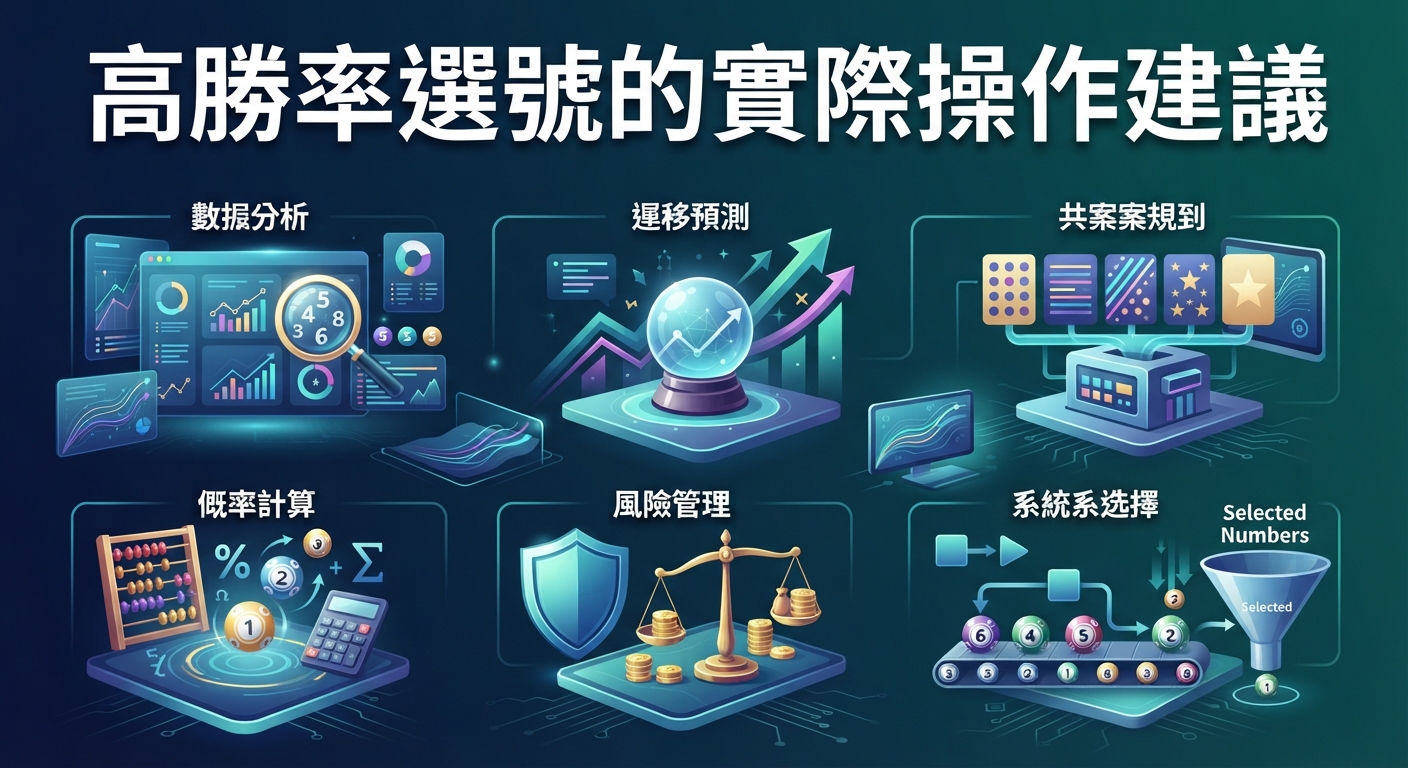 這張圖片展示了高勝率選號的實際操作建議,並透過多個數據分析與概率計算圖標來輔助說明。 整體畫面呈現了專業且結構化的分析場景。